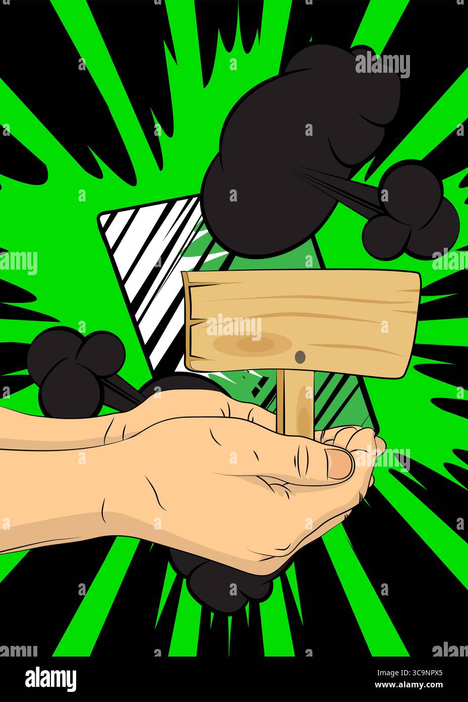 Signboard Comic Cartoon, comic book human hands holding wood signboard. Retro vector ...