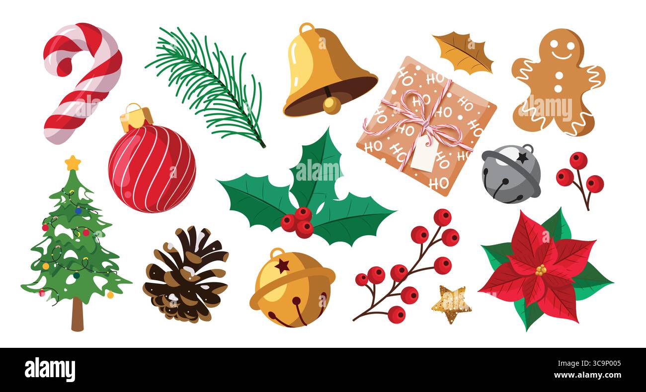 Christmas Design Elements Featuring Holiday Decor, Gifts, Sweets, and Winter Elements Vector illustration. Stock Vector