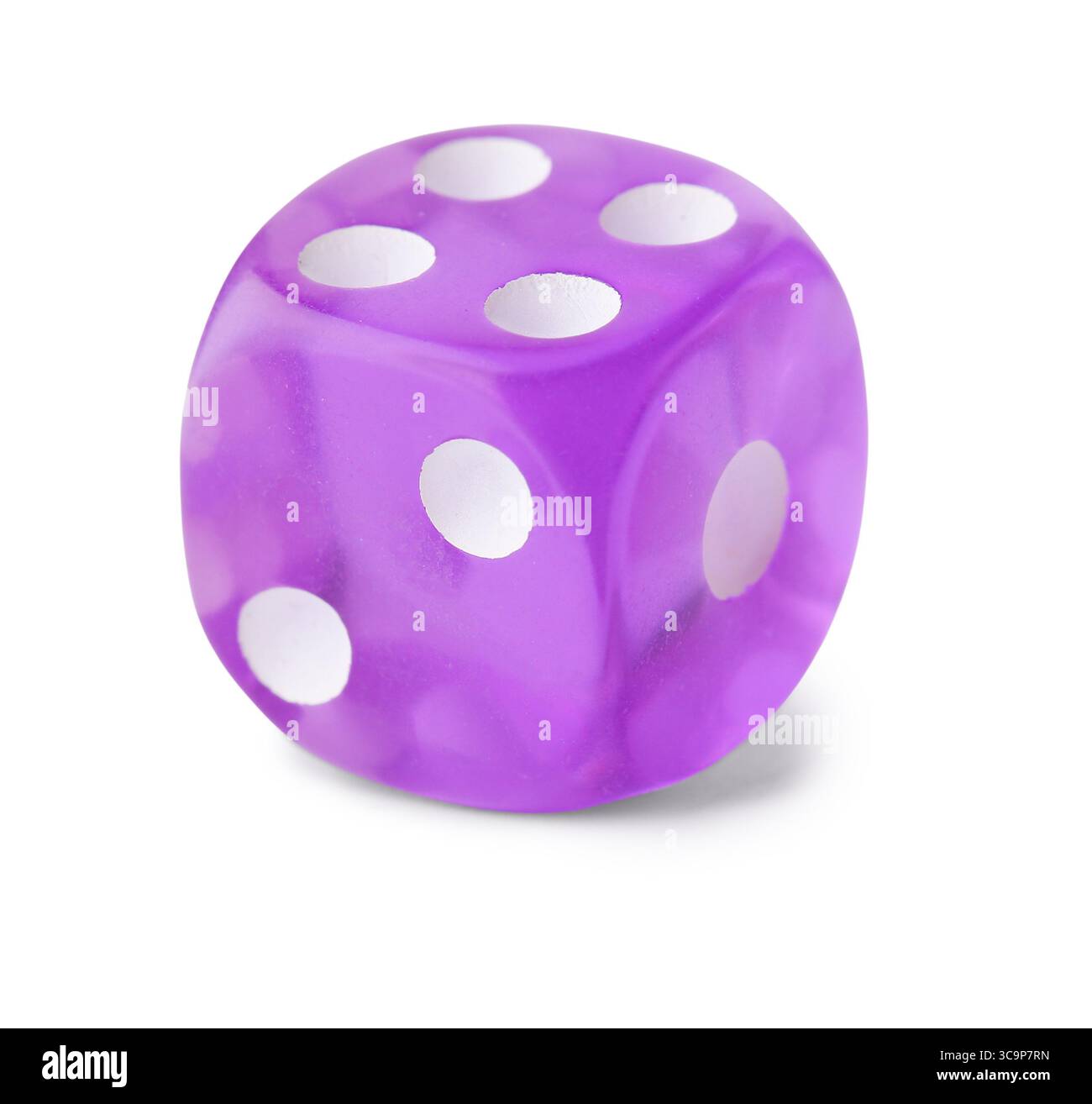 Purple game dice on white background Stock Photo