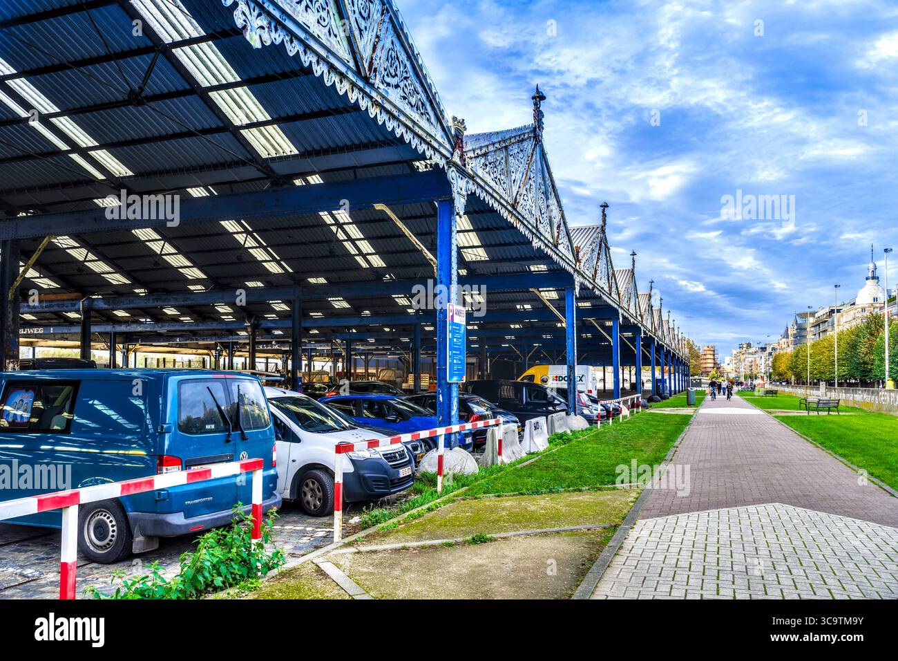 Covered car parking area (former market) on south bank of the river Scheldt, Antwerp, Belgium. Stock Photo