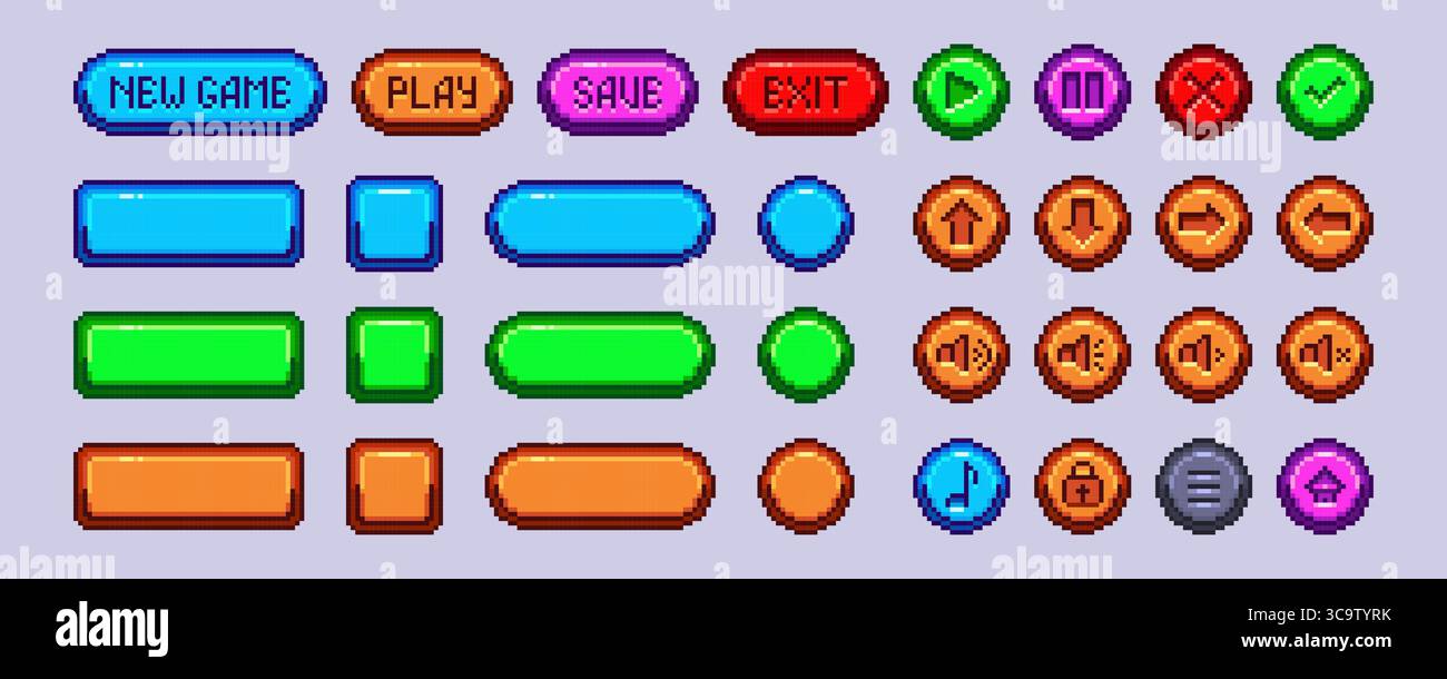 Pixel game button collection with colorful text labels and round icons ...