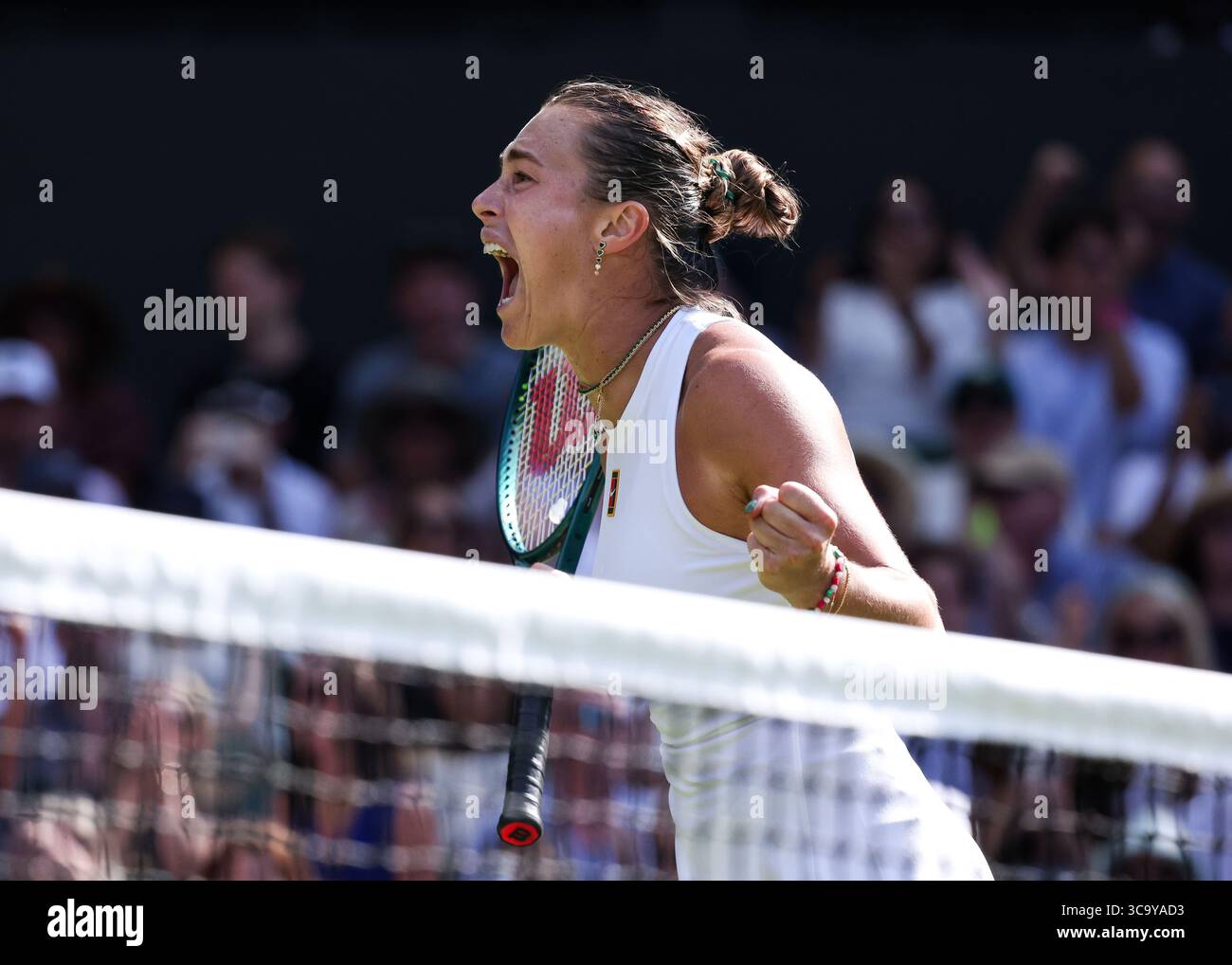 Tennis player Aryna Sabalenka celebrates at the 2025 Wimbledon Championships, London, England, United Kingdom. Stock Photo