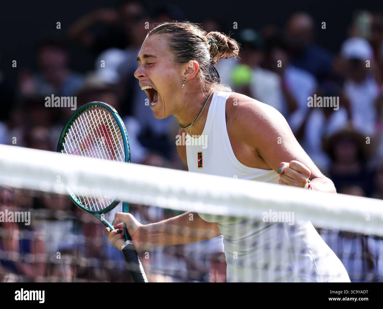 Tennis player Aryna Sabalenka celebrates at the 2025 Wimbledon Championships, London, England, United Kingdom. Stock Photo
