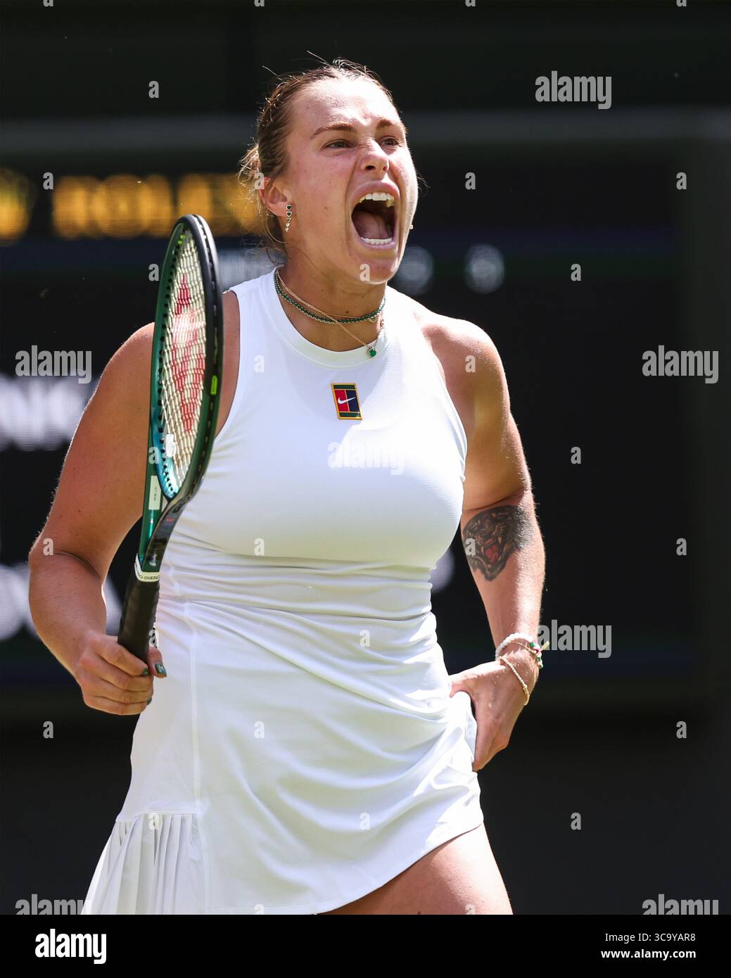 Tennis player Aryna Sabalenka celebrates at the 2025 Wimbledon Championships, London, England, United Kingdom. Stock Photo