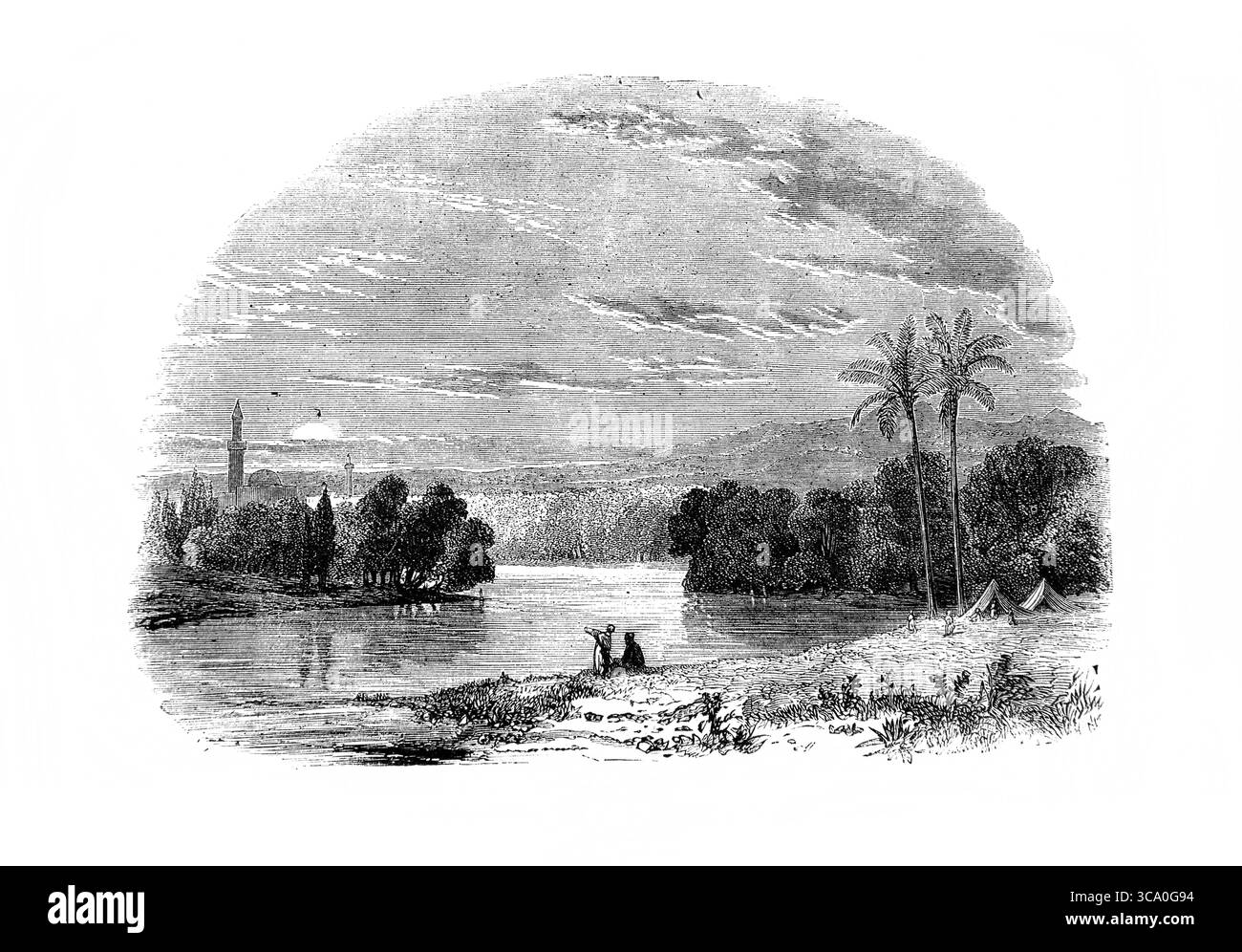 Illustration of The River that Runeth to Ahava where Ezra Gathered the Jews who accompanied him to Jerusalem (Ezra) from Antique 19th Century The Holy Stock Photo