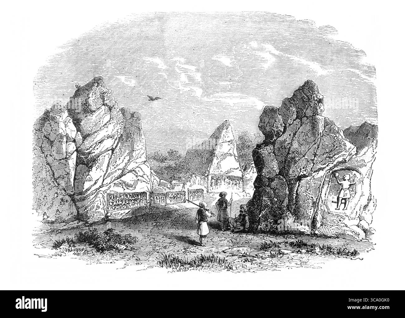 Illustration of Yasili-Kaia the sculptured rocks of Ancient Cappadocia Capital of the Hittite Empire from Antique 19th Century The Holy Bible containi Stock Photo