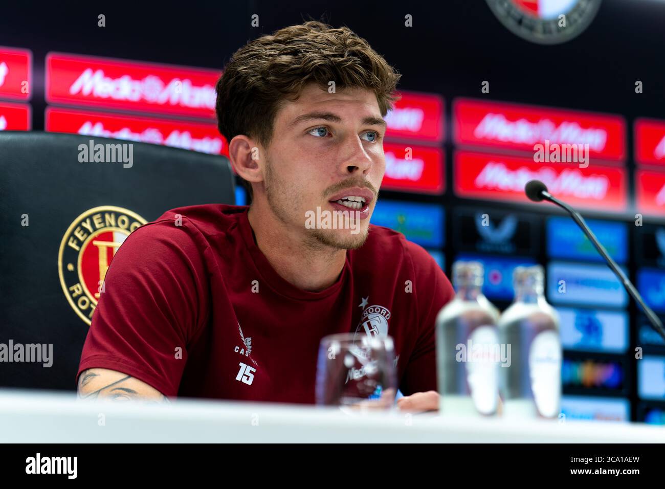 Rotterdam, Netherlands. 02nd Aug, 2025. ROTTERDAM, NETHERLANDS - AUGUST 2: Jordan Bos of Feyenoord during the press conference following the Pre-Season Friendly match between Feyenoord and VfL Wolfsburg at Stadion Feijenoord on August 2, 2025 in Rotterdam, Netherlands. (Photo by Joris Verwijst/Orange Pictures) Credit: Orange Pics BV/Alamy Live News Stock Photo
