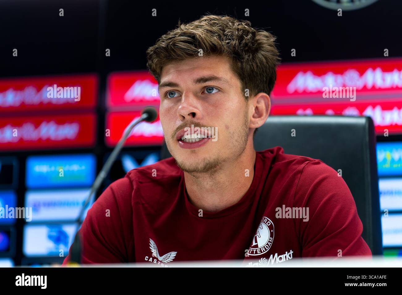 Rotterdam, Netherlands. 02nd Aug, 2025. ROTTERDAM, NETHERLANDS - AUGUST 2: Jordan Bos of Feyenoord during the press conference following the Pre-Season Friendly match between Feyenoord and VfL Wolfsburg at Stadion Feijenoord on August 2, 2025 in Rotterdam, Netherlands. (Photo by Joris Verwijst/Orange Pictures) Credit: Orange Pics BV/Alamy Live News Stock Photo