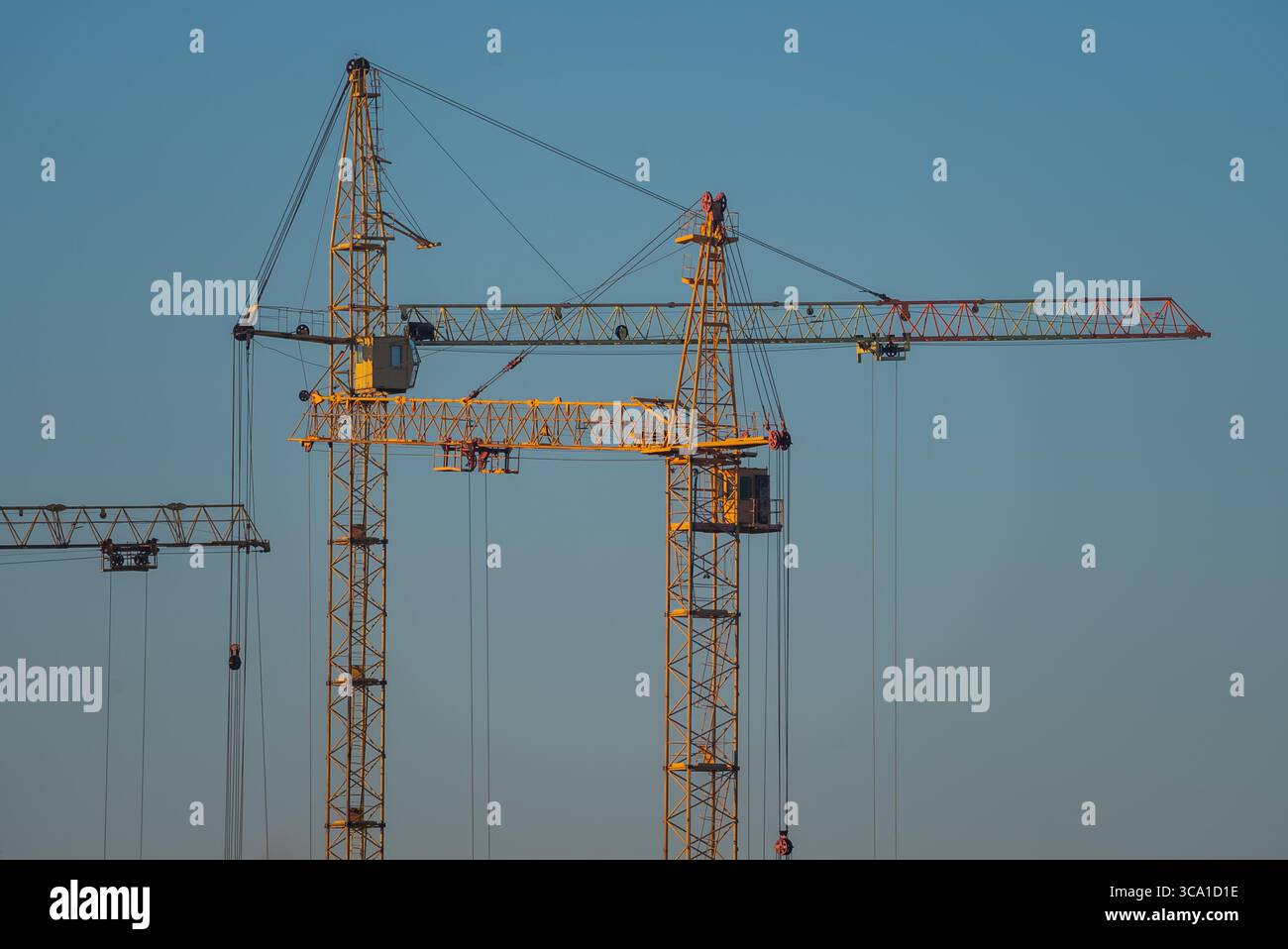 Towering construction cranes rise against a clear blue sky ...