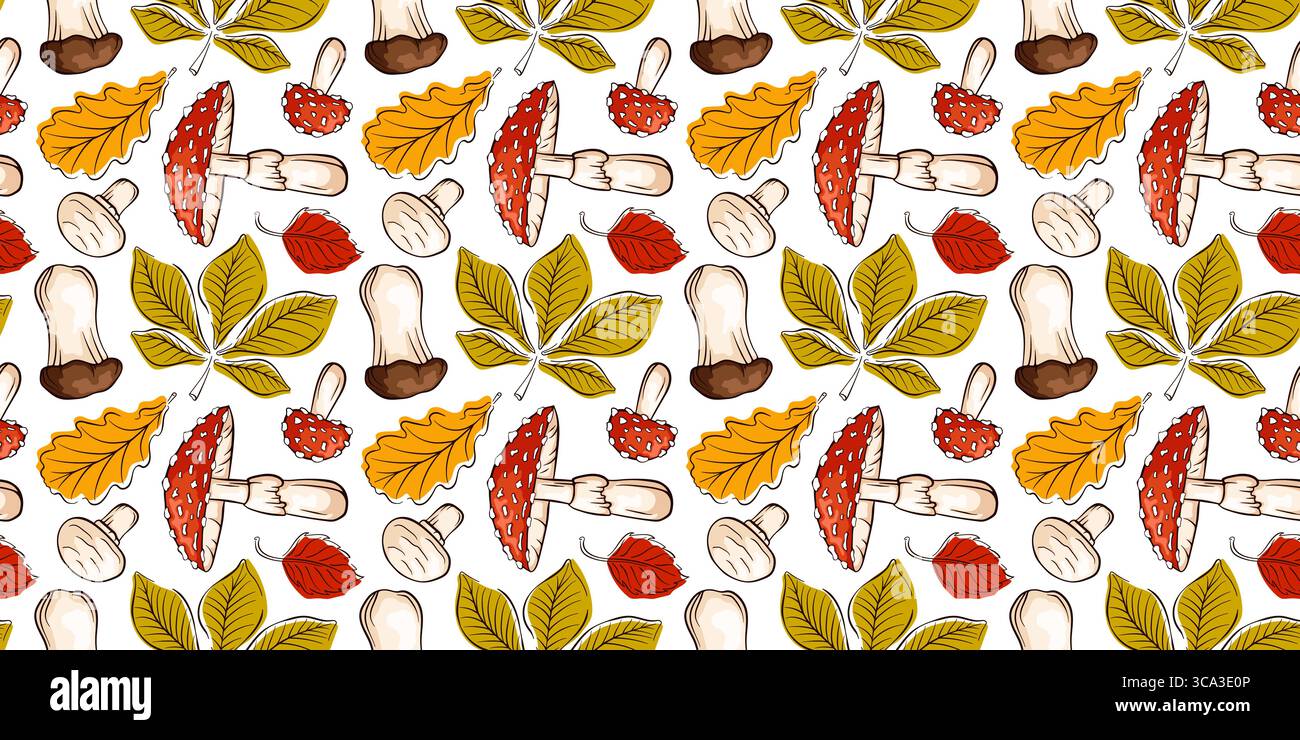 Seamless pattern of cartoon style mushroom Trumpet, Fly Agaric, Destroying Angel, Champignon and chestnut, Birch, oak leaf on a white background Stock Vector