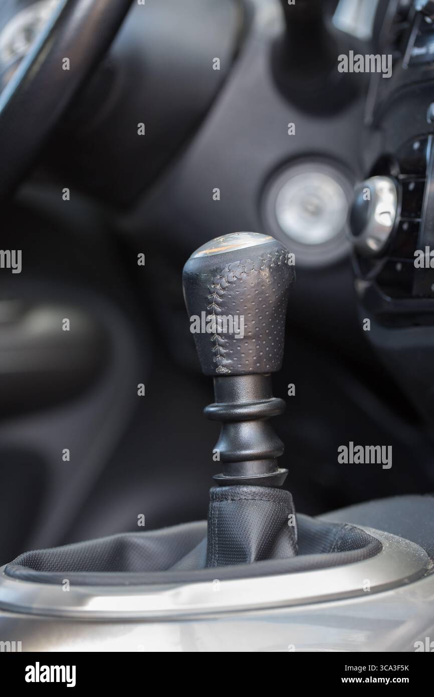 Modern car interior with manual transmission gear shift. Stock Photo