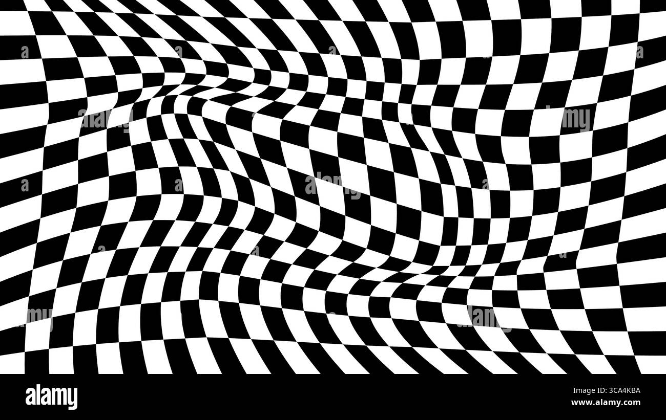 A black and white checkered distorted background. A deformed black and white abstract backdrop. Stock Vector