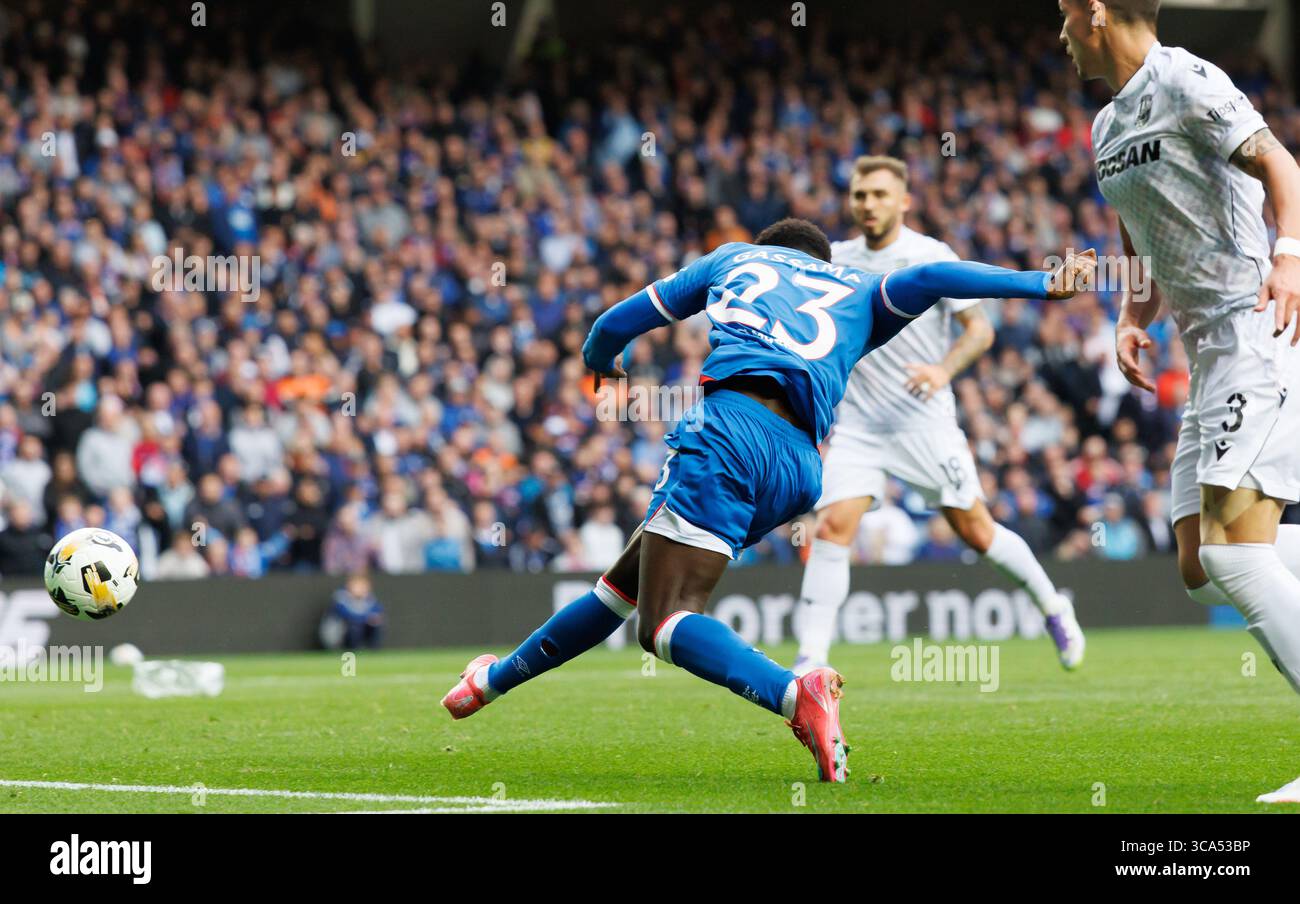 Rangers' Djeidi Gassama scores his teams first goal during the UEFA Champions League Third Qualifying round  match at Ibrox Stadium, Glasgow. Picture Stock Photo