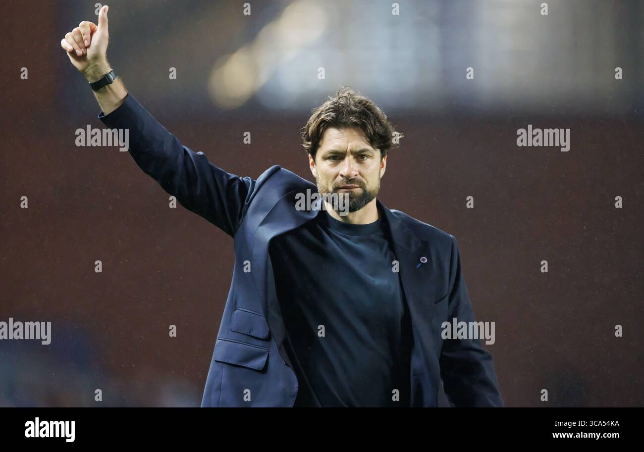 Rangers manager Russell Martin during the UEFA Champions League Third Qualifying round  match at Ibrox Stadium, Glasgow. Picture date: Tuesday 5 Aug, Stock Photo