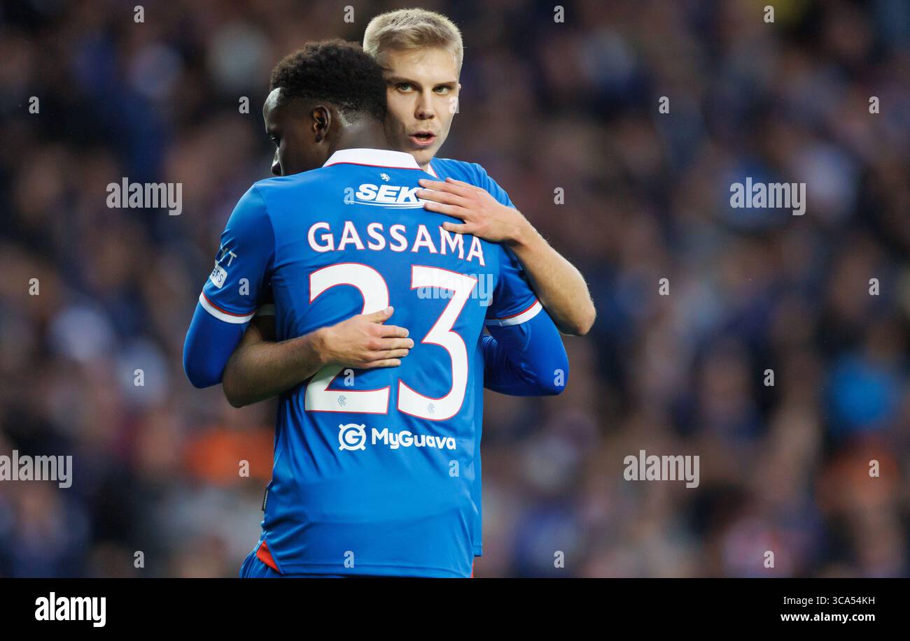 Rangers' Oliver Antman celebrates with Rangers' Djeidi Gassama during the UEFA Champions League Third Qualifying round  match at Ibrox Stadium, Glasgo Stock Photo