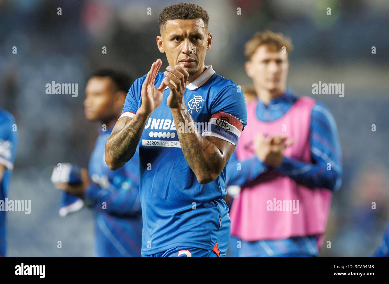 Rangers' James Tavernier celebrates after the UEFA Champions League Third Qualifying round  match at Ibrox Stadium, Glasgow. Picture date: Tuesday 5 A Stock Photo