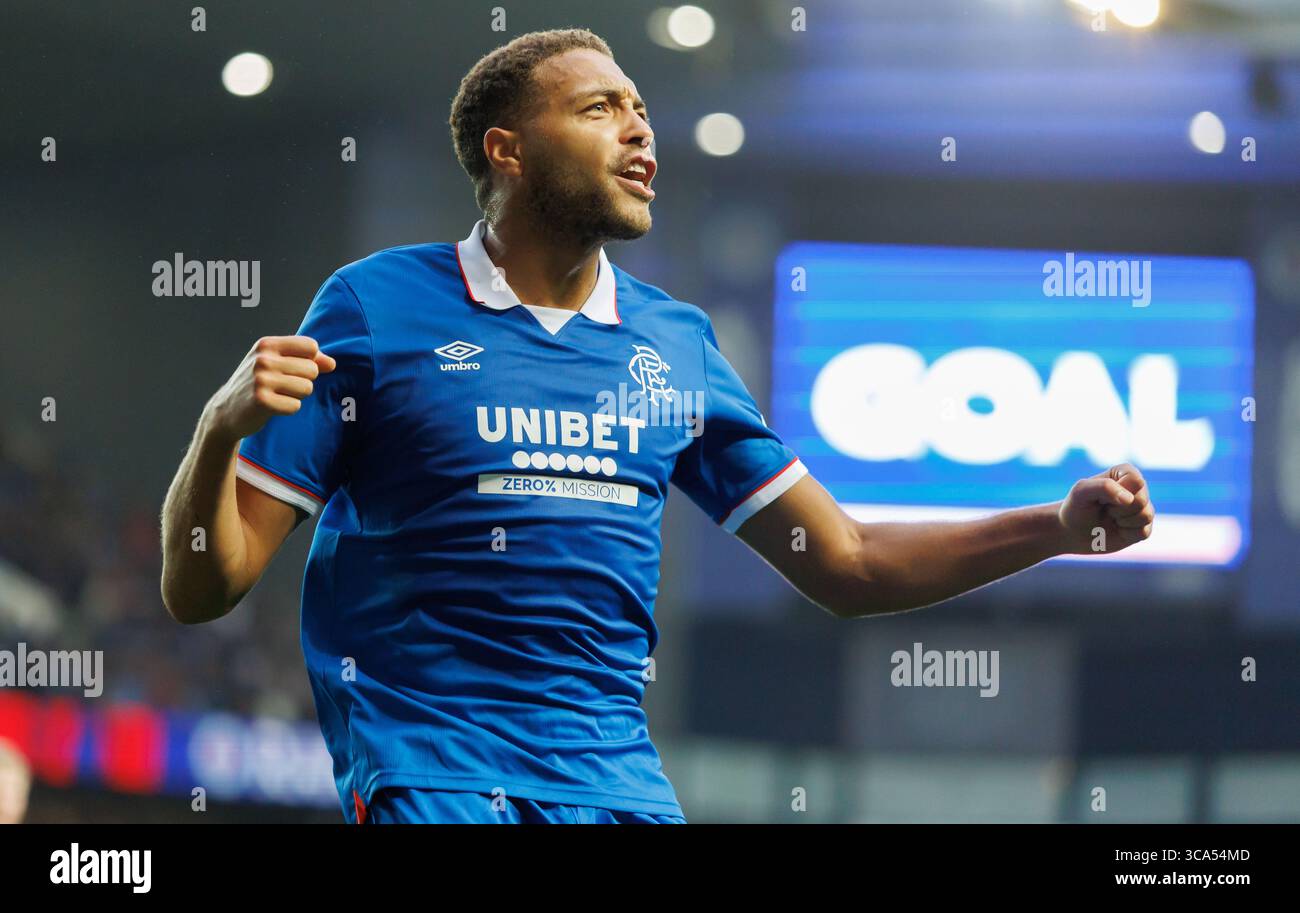 Rangers' Cyriel Dessers celebrates his goal during the UEFA Champions League Third Qualifying round  match at Ibrox Stadium, Glasgow. Picture date: Tu Stock Photo