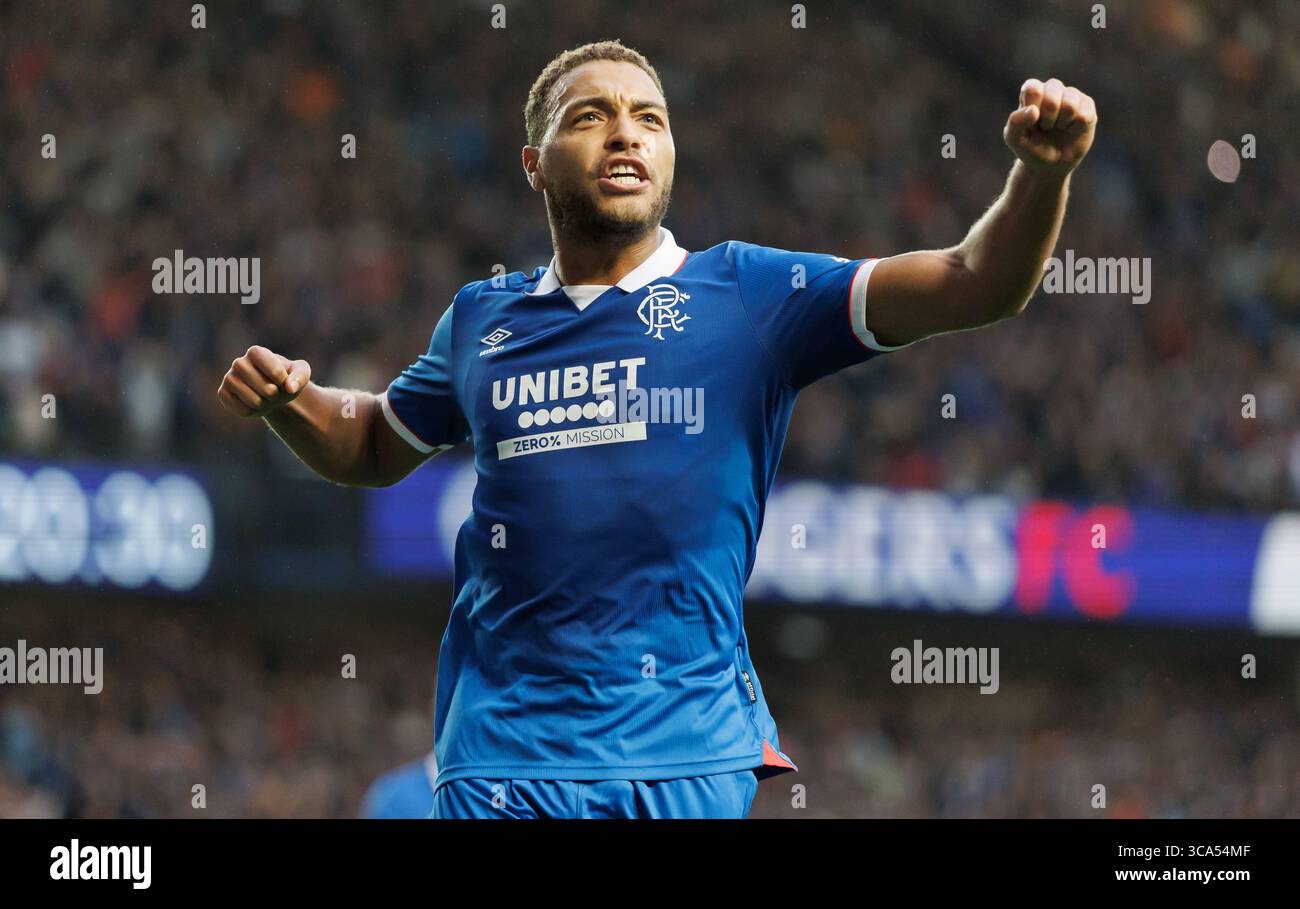 Rangers' Cyriel Dessers celebrates his goal during the UEFA Champions League Third Qualifying round  match at Ibrox Stadium, Glasgow. Picture date: Tu Stock Photo