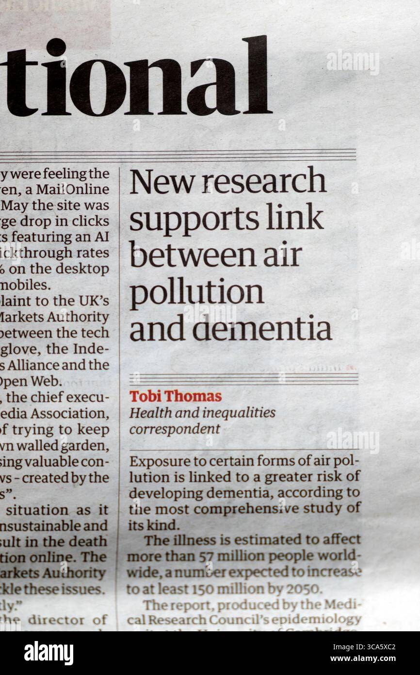 'New research supports link between air pollution and dementia' Guardian newspaper headline health study report article 25 July 2025 London England UK Stock Photo