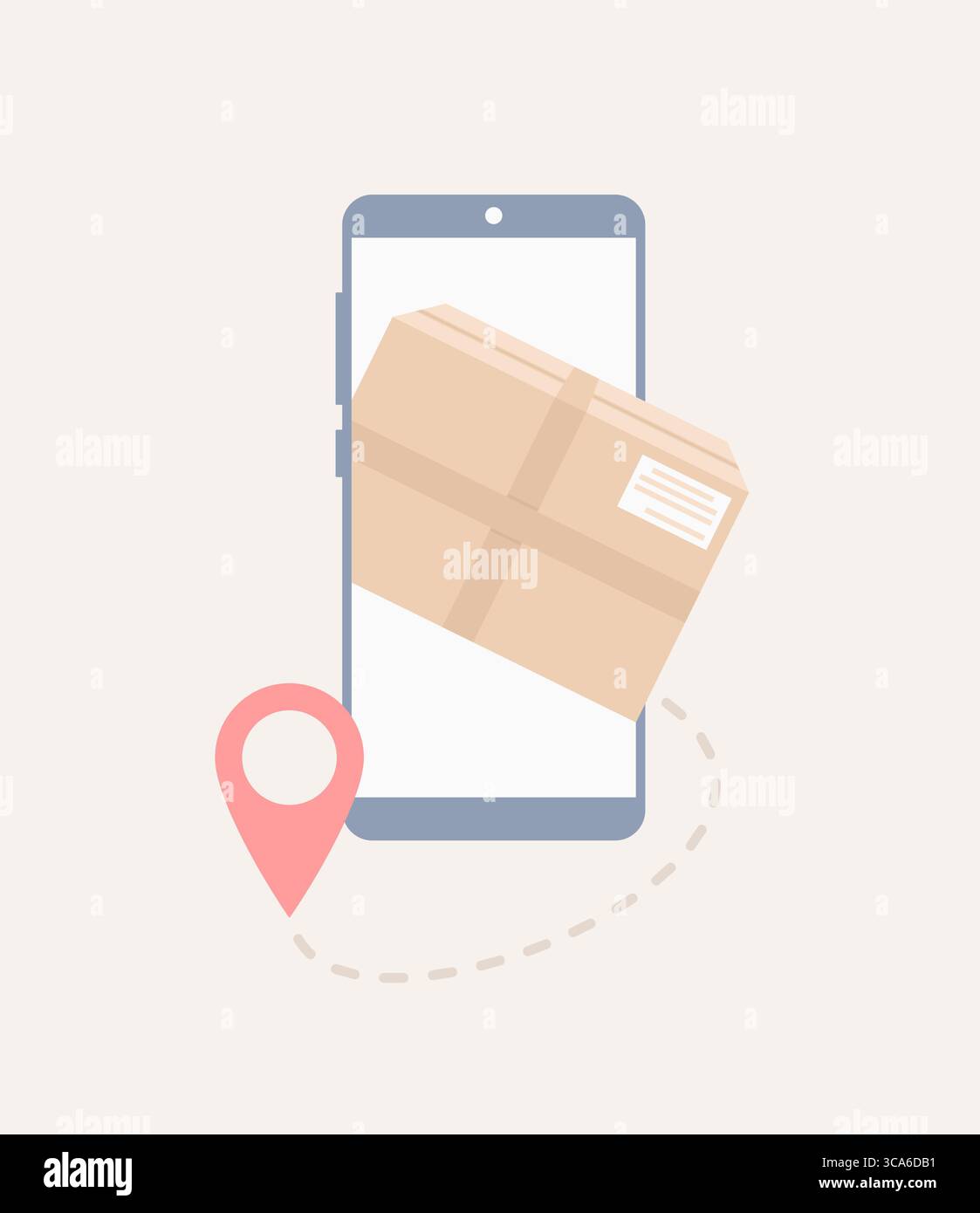 Delivery box on smartphone screen and location pin icon. Flat vector ...