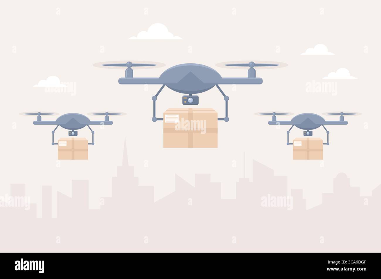 Drones delivering packages against a cityscape background. Flat vector illustration Stock Vector