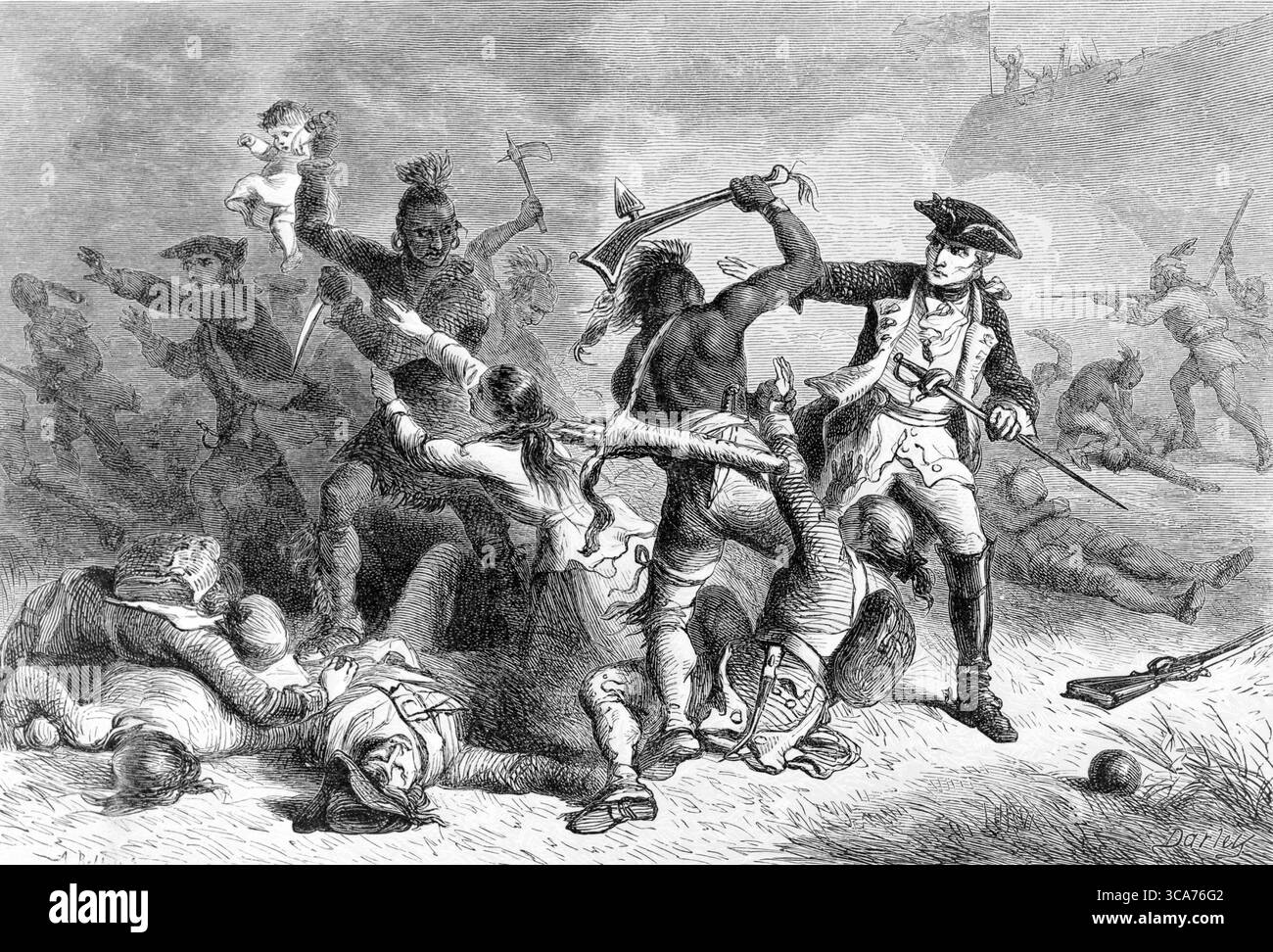 The French and Indian War 1754-1763. Engraving showing Major General Louis-Joseph de Montcalm attempting to stop native warriors from attacking the British after the Siege of Fort William Henry. A number of British soldiers were killed. Stock Photo