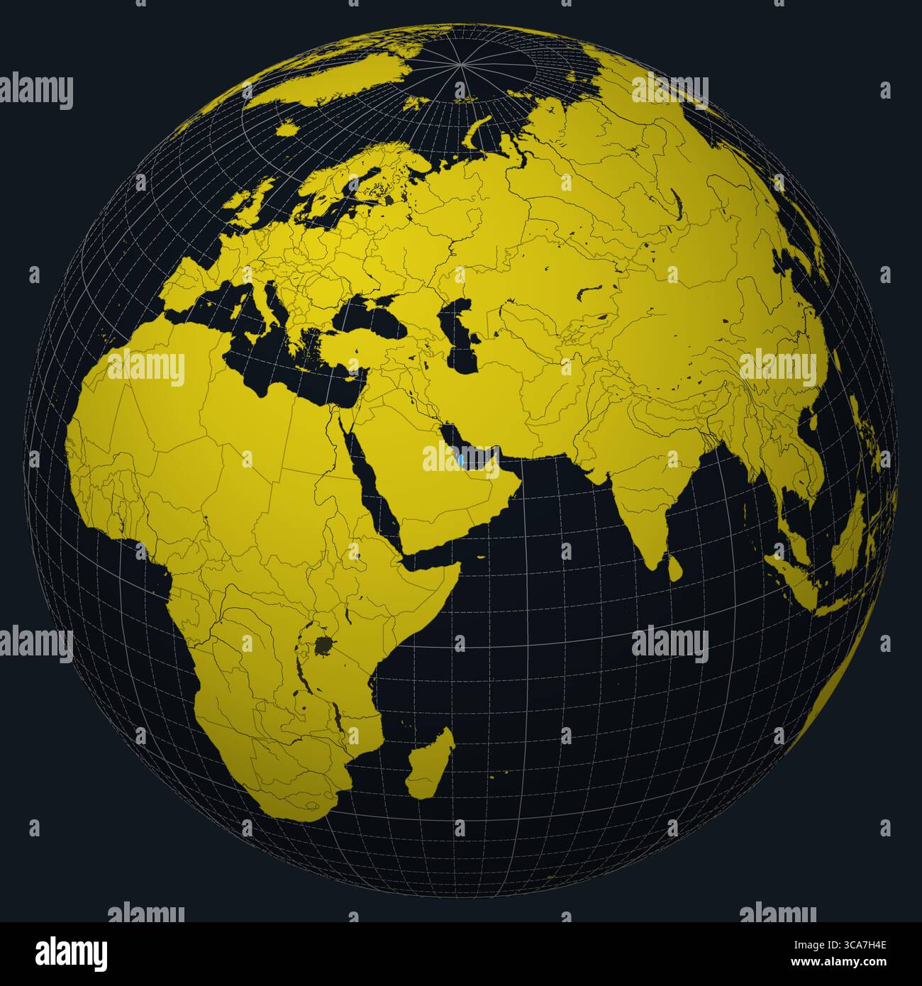 Qatar on Globe. Country view on the world map in Charcoal Bright Yellow ...