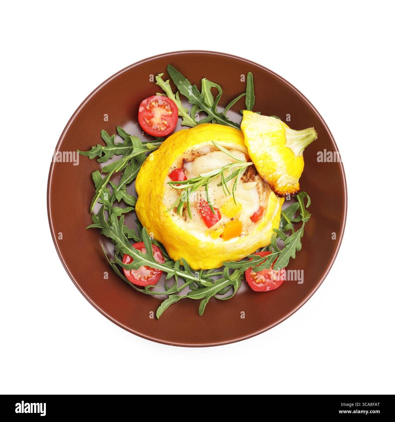 Tasty stuffed pattypan squash with tomatoes and arugula isolated on white, top view Stock Photo