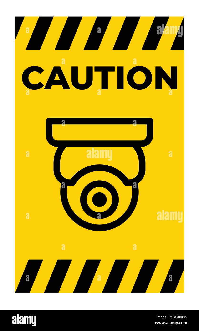 A bold caution sign featuring a security camera icon on a bright yellow background. Perfect for conveying safety and vigilance in various settings. Stock Vector