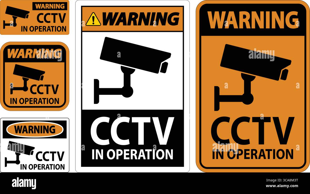 Set of warning signs indicating CCTV operation, featuring distinct graphics. These signs enhance security awareness for public and private spaces. Stock Vector