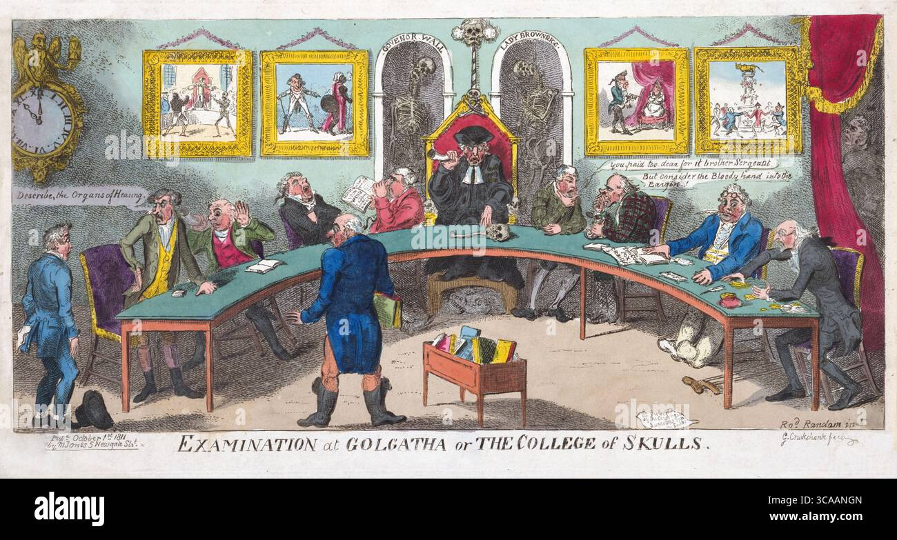 hand coloured etching Examination at Golgatha or the college of skulls,  by George Cruikshank art artwork vintage antique print Georgian era humour published by M Jones 1811 19th century Stock Photo