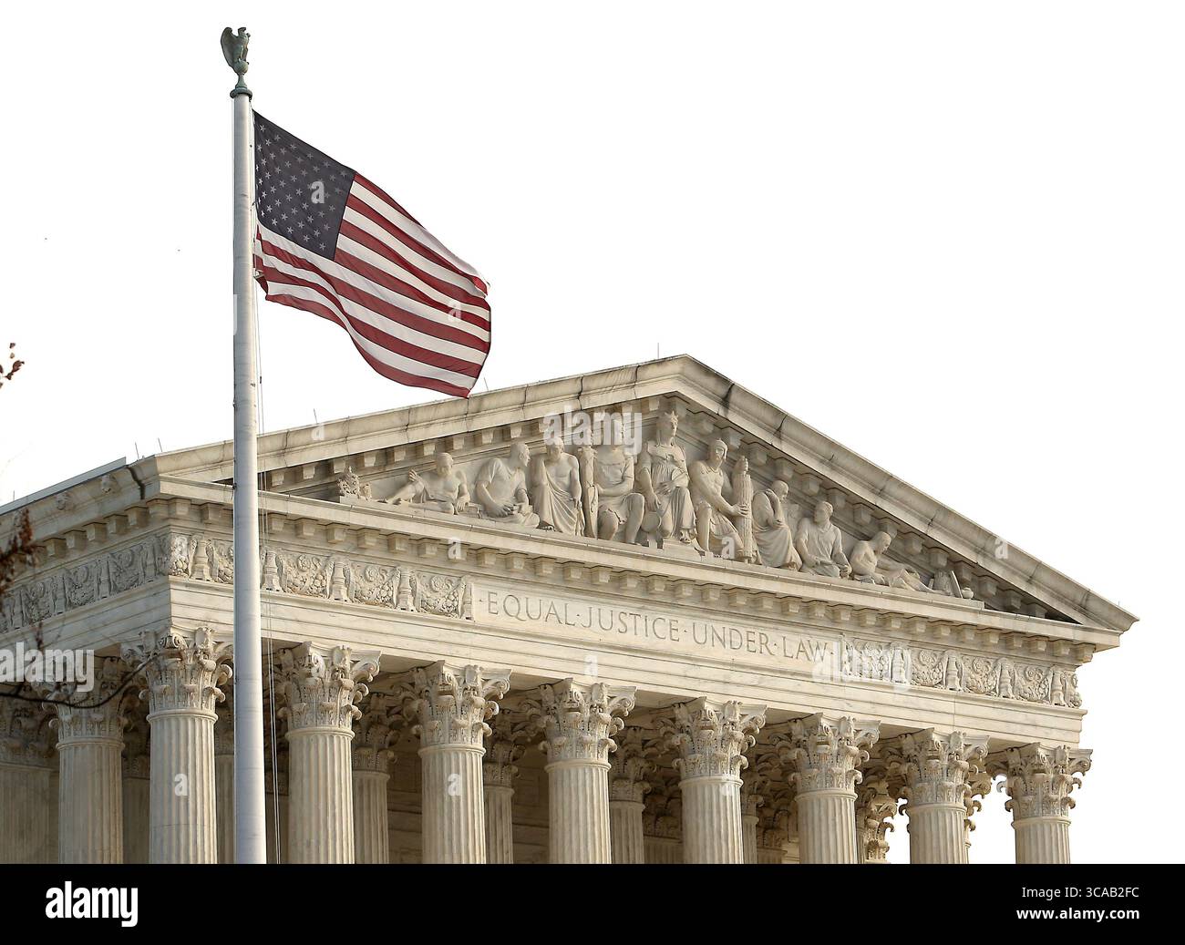 March 13, 2023, WASHINGTON, D.C, WASHINGTON, D.C, USA: The American flag flies over the Supreme Court In Washington, D.C. on March 13, 2023.  The Supreme Court has asked Congress for about $12.4 million in additional funding to better protect the justices and the court building following threats. (Credit Image: © Stephen Shaver/ZUMA Press Wire) Stock Photo
