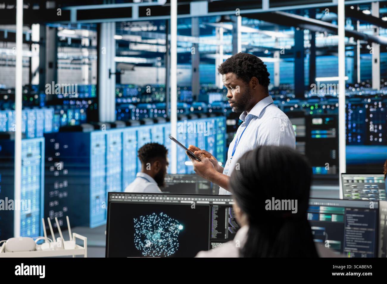 Data center technician using artificial intelligence visualization ...
