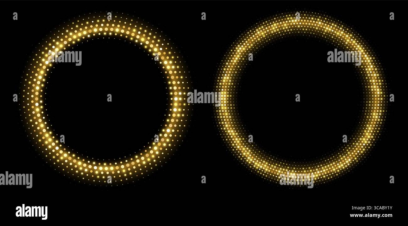 Golden halftone frames, glowing circle borders, round pattern with dots, radial disco luxury design element. Stock Vector
