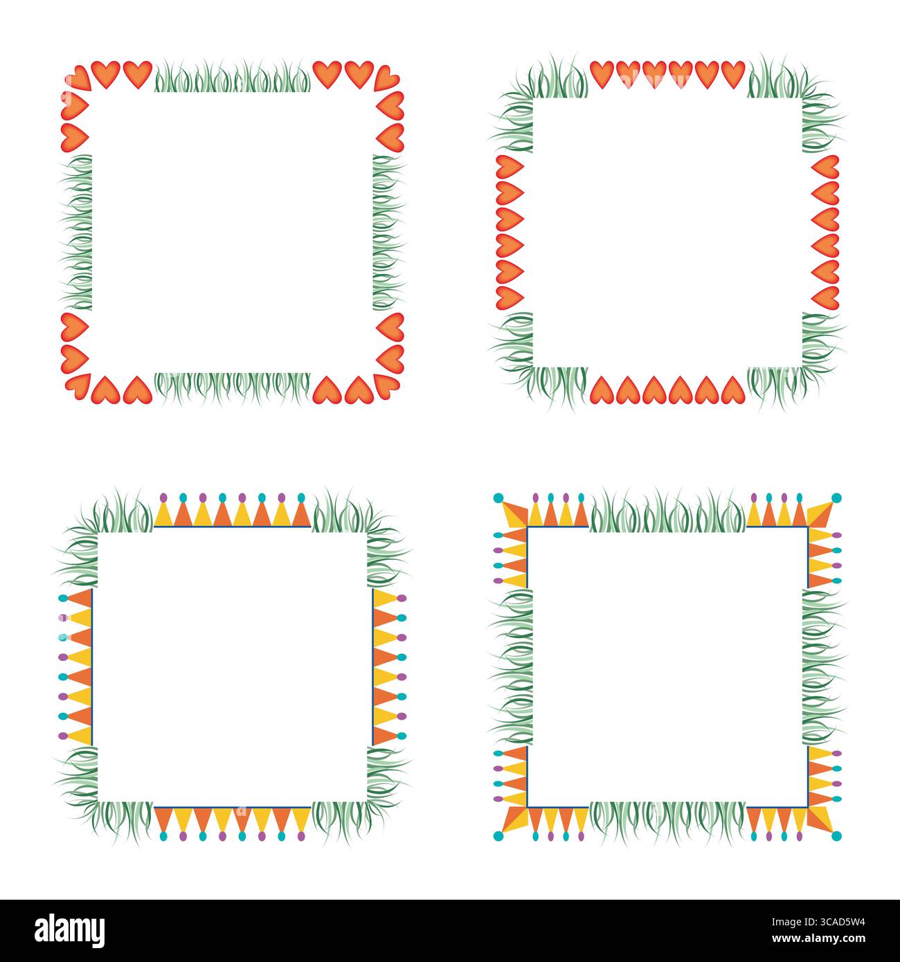 Red hearts border. Green grass elements. Triangle decorations. Fun colorful style. Stock Vector