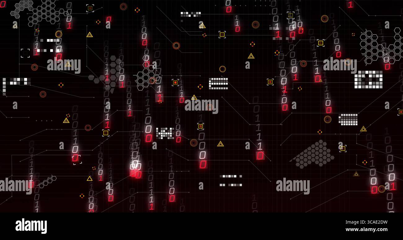 Displaying falling 1s and 0s across virtual interface, with hexagon clusters and warning triangles Stock Photo
