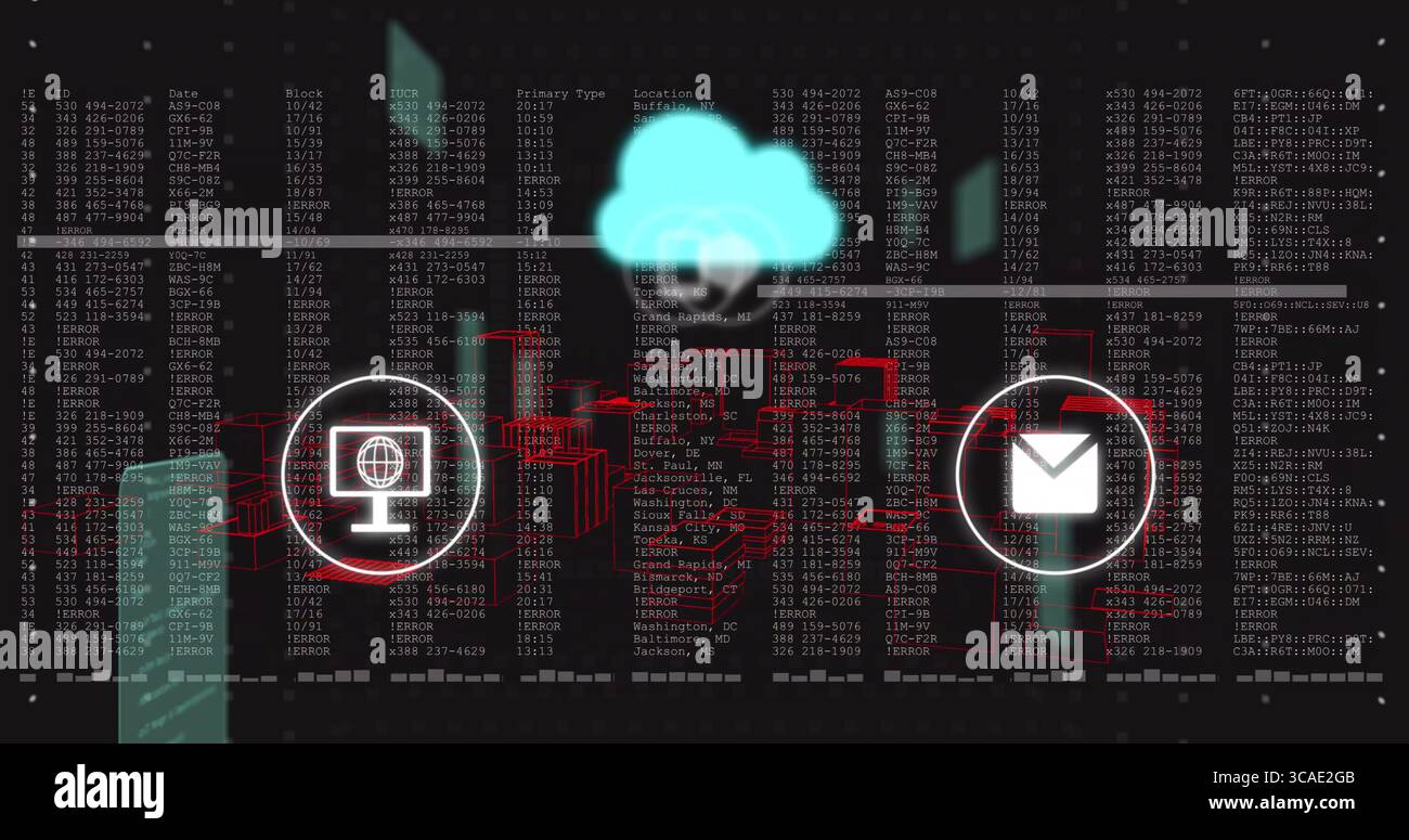 Hovering neon cyan cloud icon floating above cybersecurity dashboard, with red network blocks Stock Photo