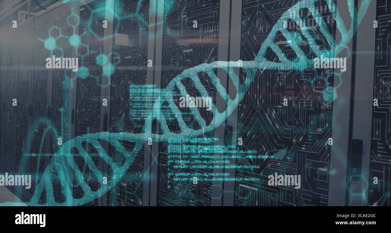Displaying turquoise DNA double helix overlay across data center server racks, with code snippets Stock Photo