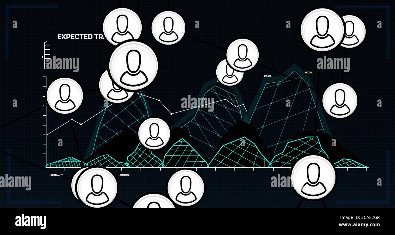 Displaying dashboard showing 3D grid plot with expected trend on screen, with user avatar network Stock Photo