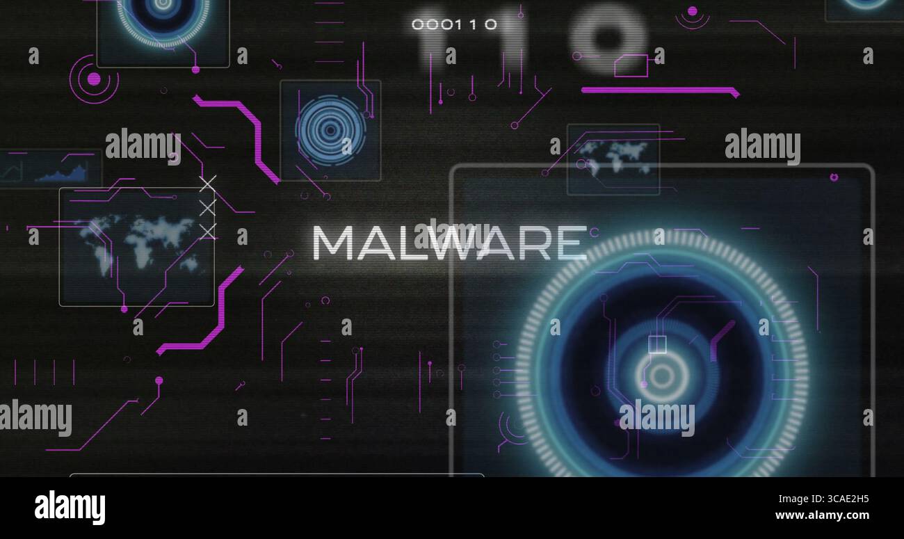 Displaying central MALWARE text hovering over dark cybersecurity dashboard, featuring circuit lines Stock Photo