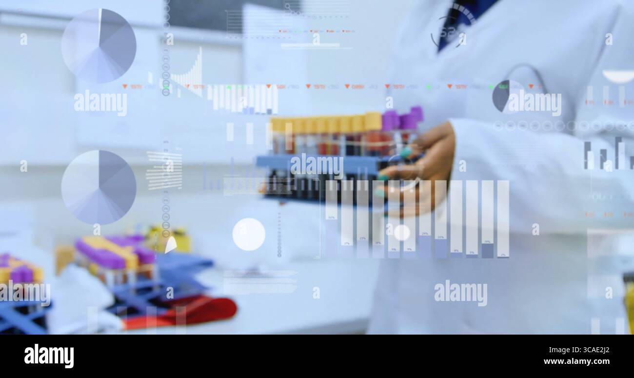 Holding scientist in lab coat analyzing blood test tube rack in lab ...