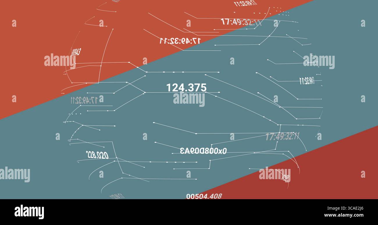 Displaying network flowing on dashboard with white nodes, lines, values, rust red and teal bands Stock Photo