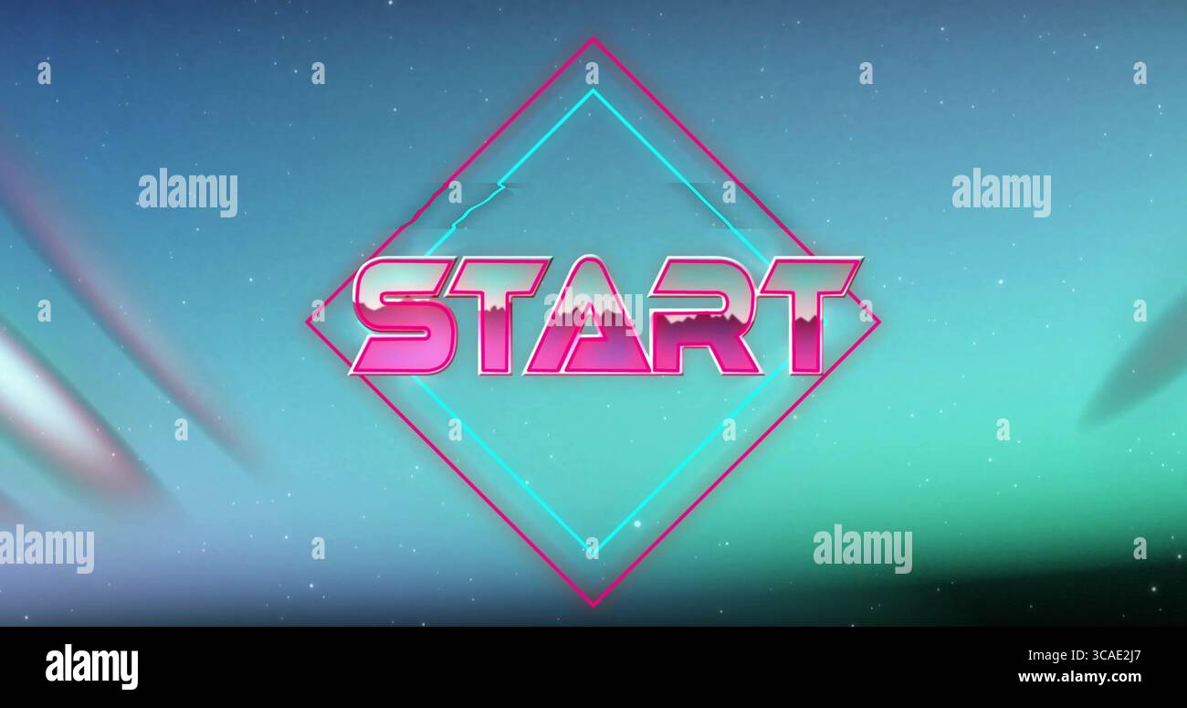 Glowing neon pink START letters pulsing in outer-space themed backdrop ...