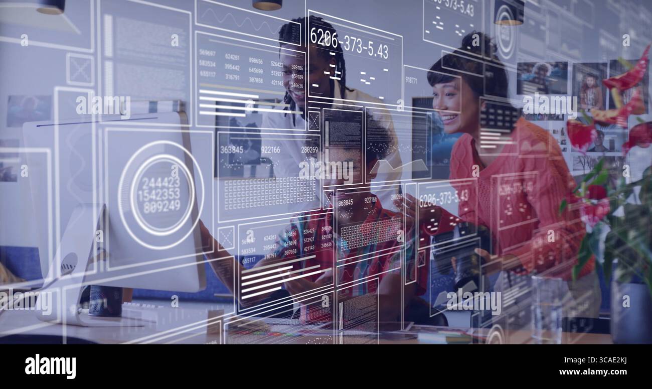Collaborating team analyzing data visuals at office desk, with monitor, stylus and chart overlays Stock Photo