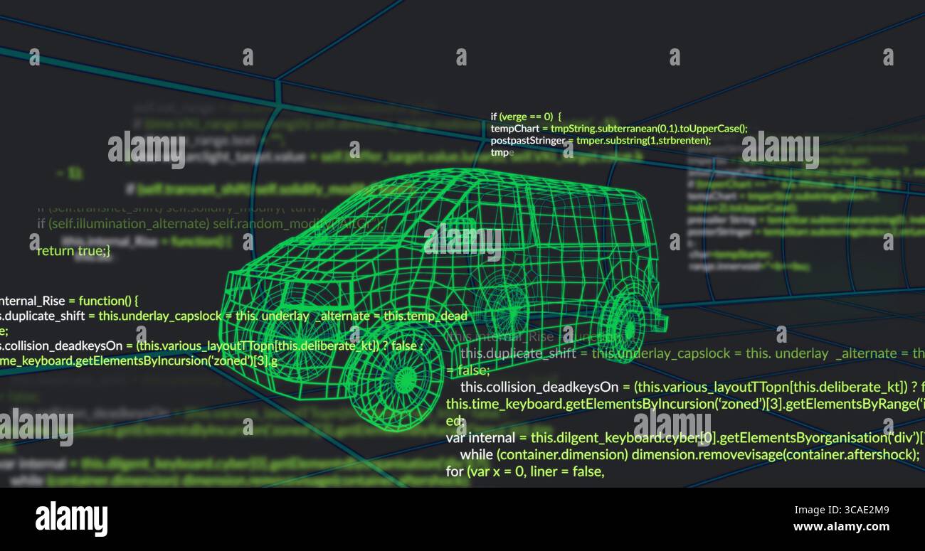 Displaying neon green wireframe 3D car model in dark-mode workspace ...