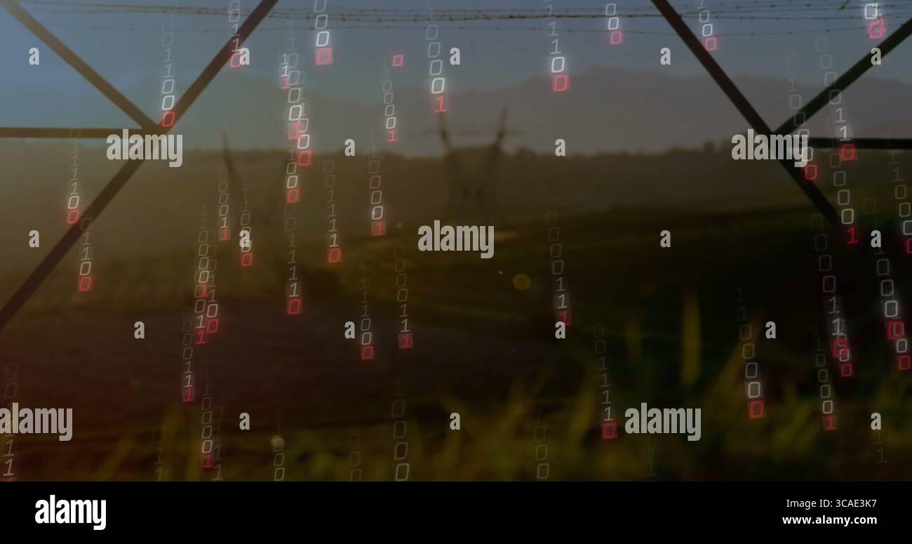 Falling binary code digits streaming over grassy field at dusk, with lattice towers and power lines Stock Photo
