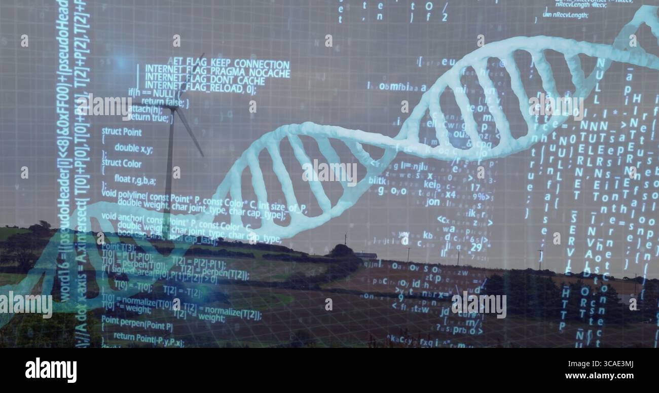 Displaying semi-transparent DNA helix stretching over grassy hills ...