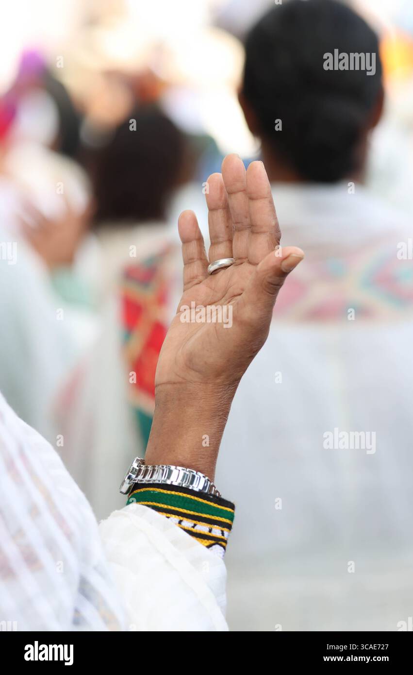 People pray as the Ethiopian Jewish holiday of Sigd is celebrated at the Tayelet Haas Promenade in Jerusalem on Nov. 28, 2024. Stock Photo