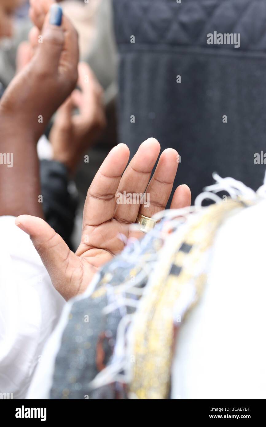 People pray as the Ethiopian Jewish holiday of Sigd is celebrated at the Tayelet Haas Promenade in Jerusalem on Nov. 28, 2024. Stock Photo