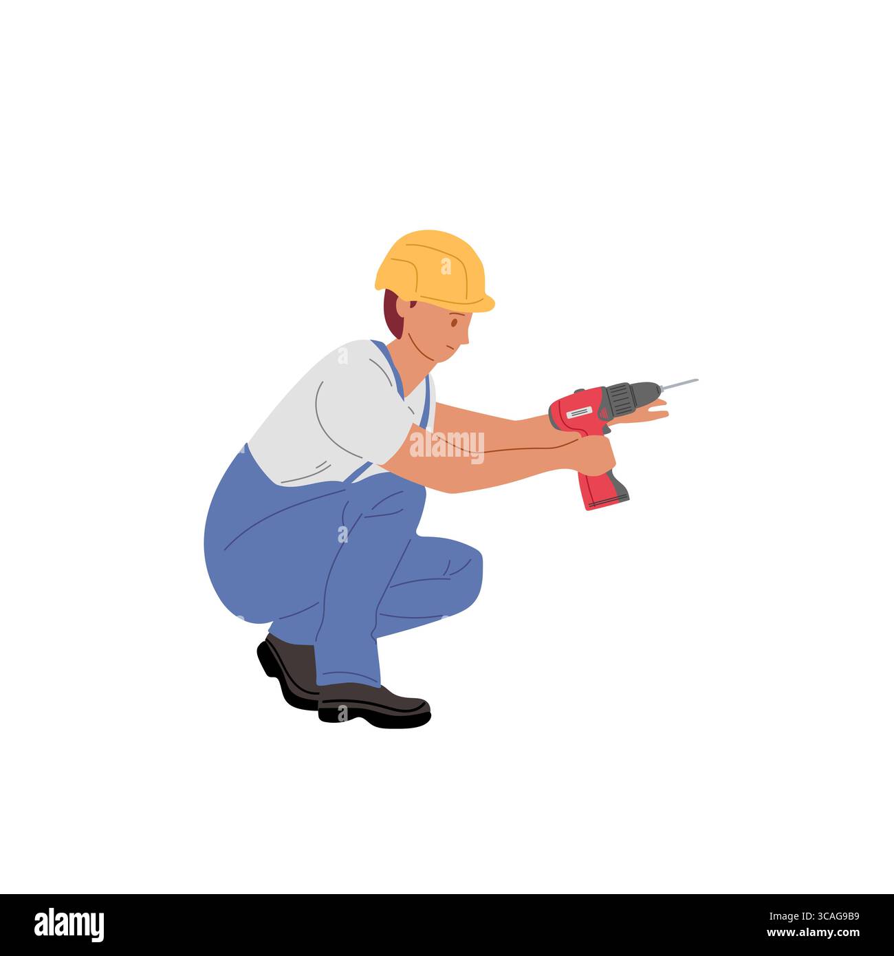 Construction worker using a power drill on a building site during the day Stock Vector